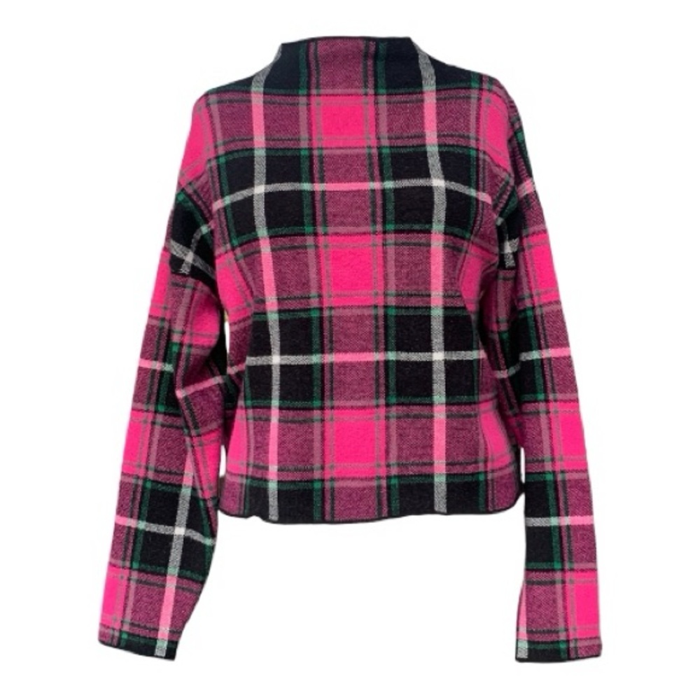 Nicole Miller Cozy Pink and Black Plaid Knit Sweater Top Tunic Mock Neck Size XL